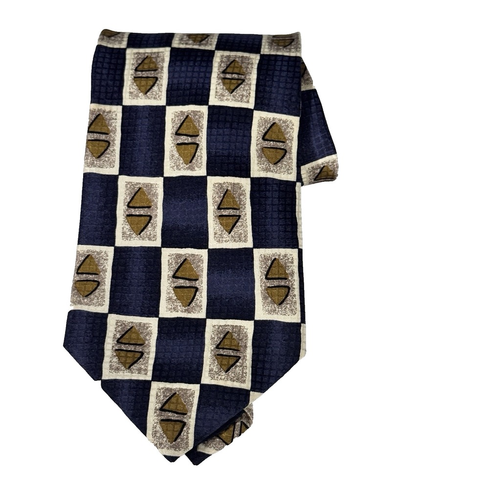 Bacharach Necktie Navy/Gold Silk Geometric Print 100% Silk 4"x59" Made in Italy